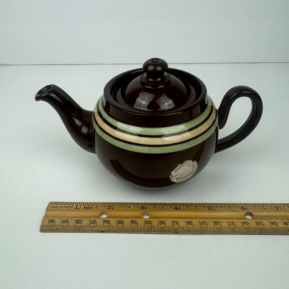 Vtg Single Serve Brown Genuine Old English Redware Teapot w Green Tan Stripes - Picture 1 of 13